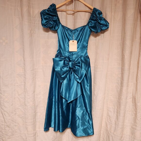 👗 Vtg 1988 Teal Satin Puff Sleeve Bow Prom Dress XS 👗 - Picture 4 of 9